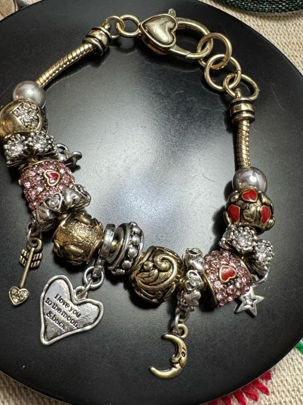Whimsical Charm Bracelet Gold Tone Pink Rhinestones Hearts Girlhood Charm Chaos
